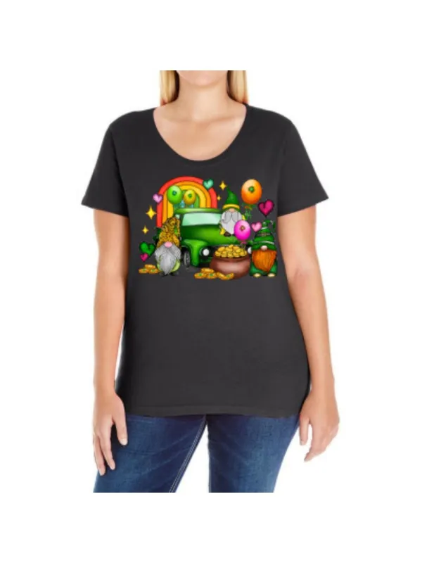 Tailorly Women's Printed Tee - Cartoon Landscape With Colorful Vegetables Beside A Green Farm Truck made by Tailorly