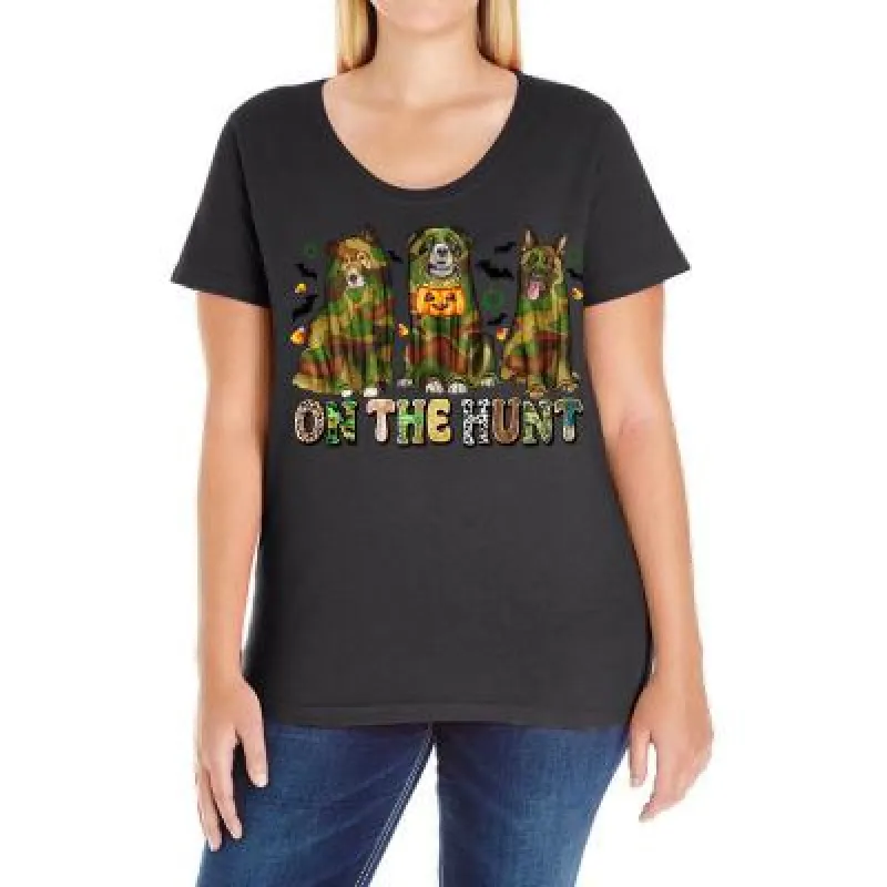 Tailorly Women's Printed Tee - On The Hunt Camouflage Leaves And Playful Brown Dogs made by Tailorly