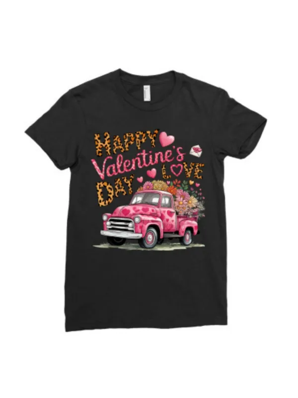 Tailorly Women's Printed Tee - Happy Valentines Day Love With Pink Hearts Bunches Classic Truck made by Tailorly