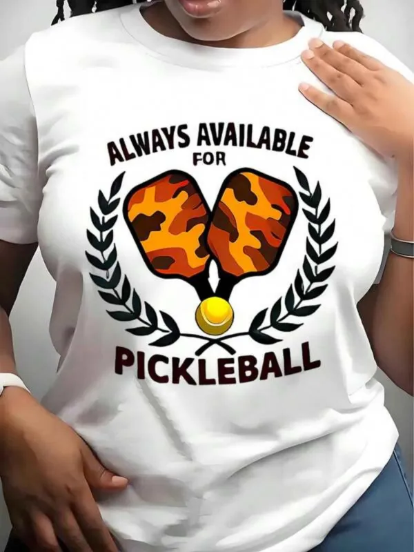 Tailorly Women's Printed Tee - Always Available For Pickleball With Camouflage Patterned Paddles Surrounded By Laurel Leaves And A Yellow Ball made by Tailorly