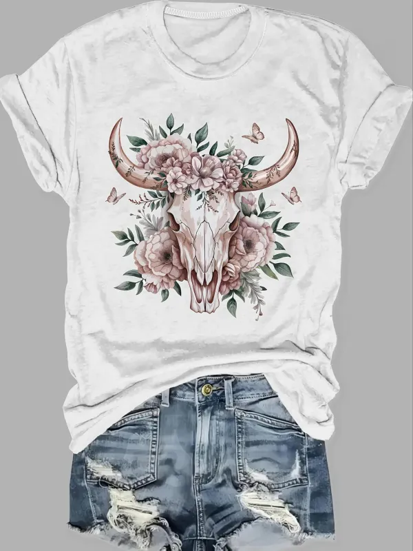 Tailorly Women's Printed Tee - Spring Flowers And Pink Butterflies Surrounding A Lone Bull Skull made by Tailorly