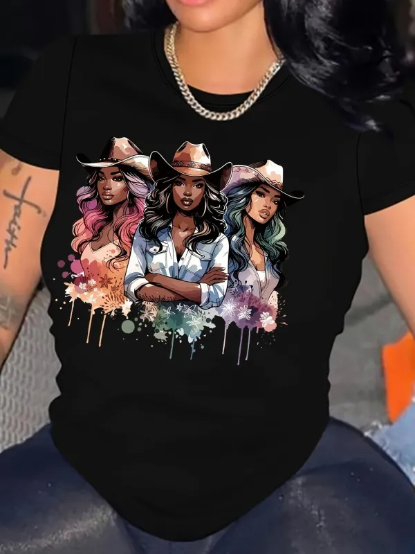 Tailorly Women's Printed Tee - Colorful Watercolor Style With Three Confident Women In Cowboy Hats made by Tailorly