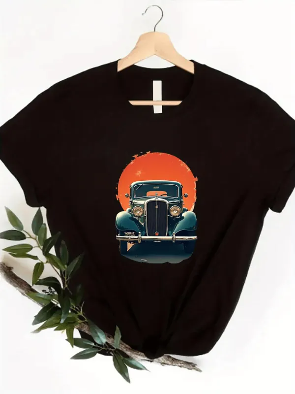 Tailorly Women's Printed Tee - Vintage Blue Car With Retro Orange Sunset Behind Car made by Tailorly