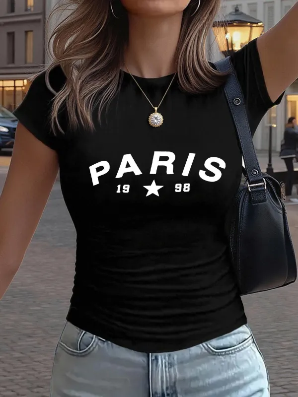 Tailorly Women's Printed Tee - Paris Nineteen Ninety Eight With White Star Under City Name made by Tailorly