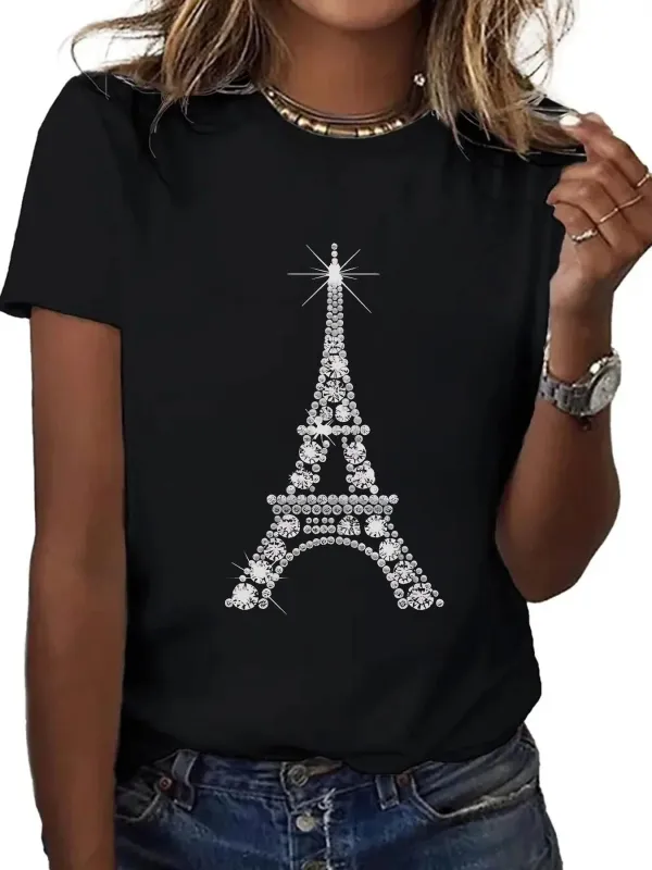 Tailorly Women's Printed Tee - Sparkling Diamond Patterns Forming Elegant Paris Eiffel Tower made by Tailorly