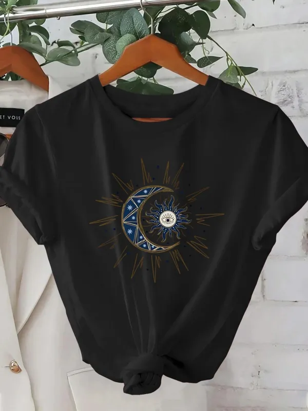Tailorly Women's Printed Tee - Radiant Sunburst With Crescent Moon And Ornate Cosmic Eye made by Tailorly
