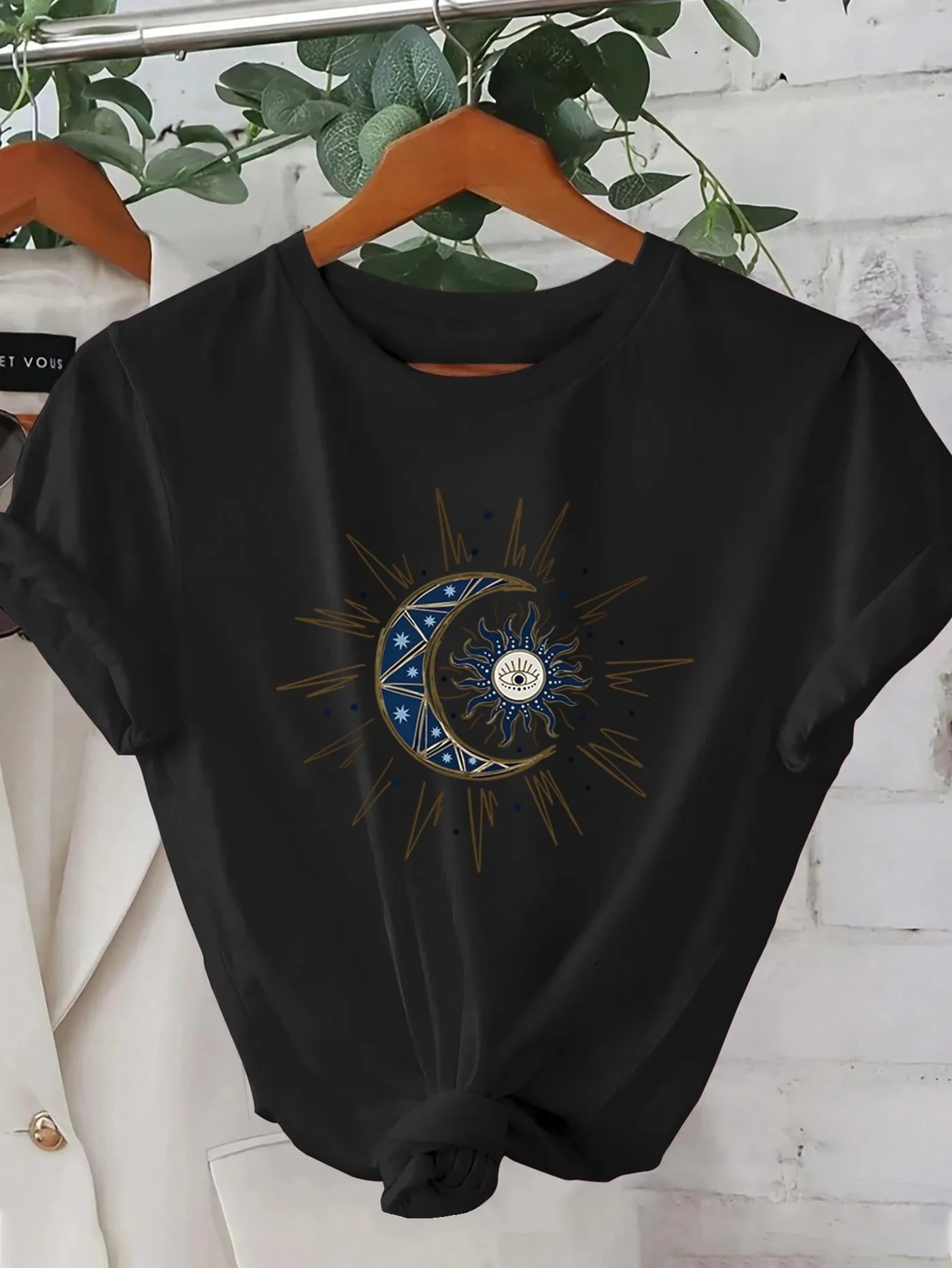 Tailorly Women's Printed Tee - Radiant Sunburst With Crescent Moon And Ornate Cosmic Eye sold by Tailorly