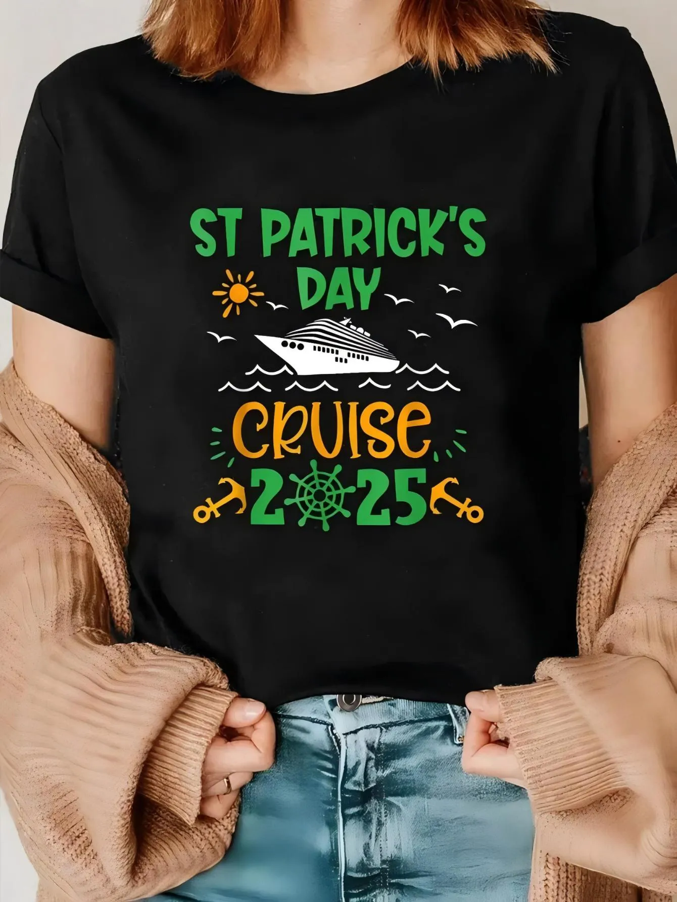 Tailorly Women's Printed Tee - St Patricks Day Cruise With Ship Seagulls Sun And Sea Waves sold by Tailorly
