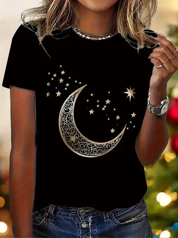 Tailorly Women's Printed Tee - Shimmering Night Sky With Ornate Crescent Moon Surrounded By Golden Stars made by Tailorly