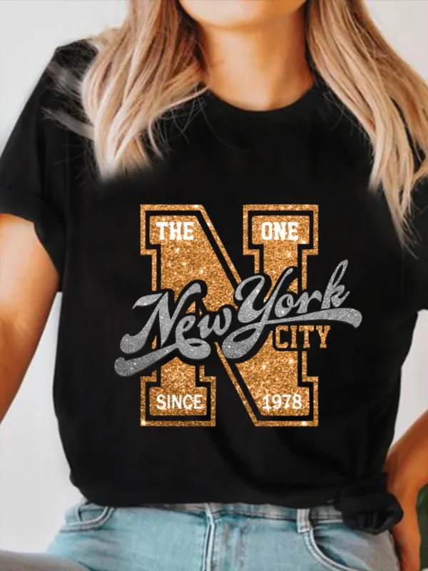 Tailorly Women's Printed Tee - Gold Glitter Sticker Letter Pattern With Silver Gray New York City made by Tailorly