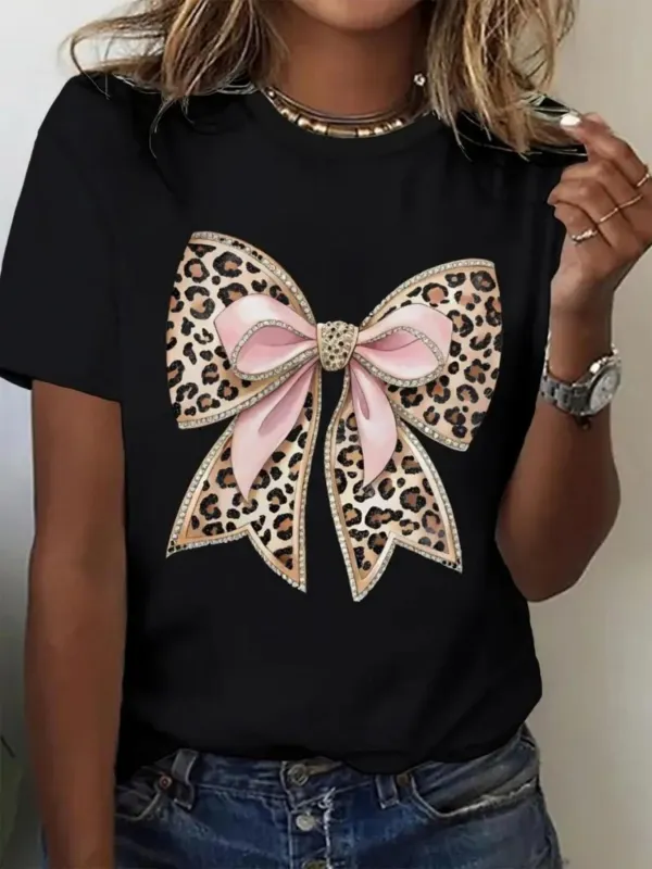 Tailorly Women's Printed Tee - Soft Pink Ribbon With Leopard Print Pattern Large Bow made by Tailorly