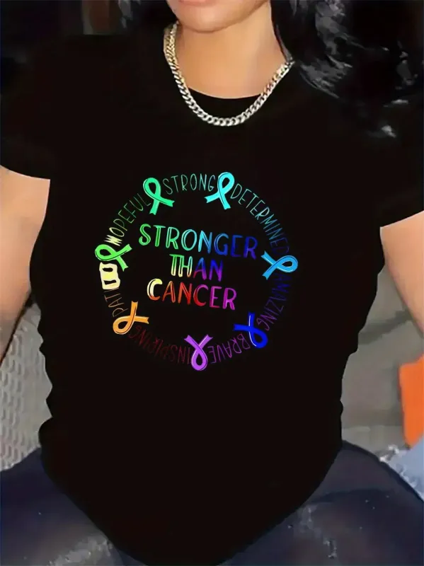 Tailorly Women's Printed Tee - Stronger Than Cancer Colorful Awareness Ribbons In Radiant Circle Design made by Tailorly