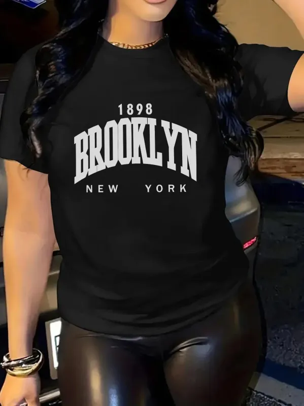 Tailorly Women's Printed Tee - 1898 Brooklyn New York Bold Collegiate Arched Wording Graphic T Shirt made by Tailorly