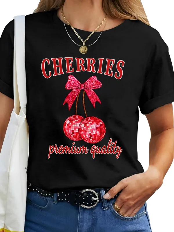Tailorly Women's Printed Tee - Cherries With Glittering Ribbon And Premium Quality Slogan Cherry made by Tailorly