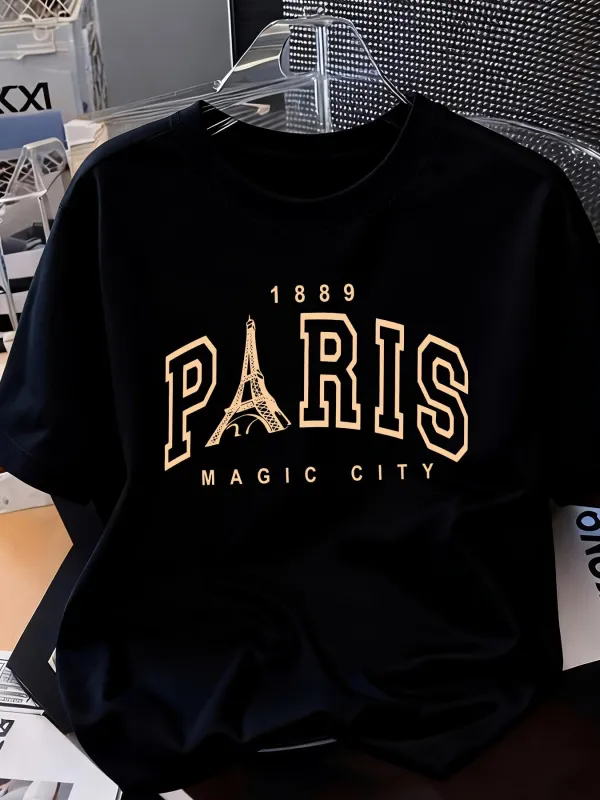 Tailorly Women's Printed Tee - Eiffel Tower Under Golden Letters With Paris And Magic City T Shirt made by Tailorly