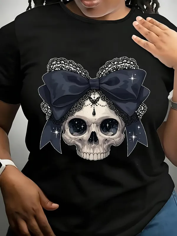 Tailorly Women's Printed Tee - Gothic Lace With Sparkling Jewels On Ribbon Skull made by Tailorly