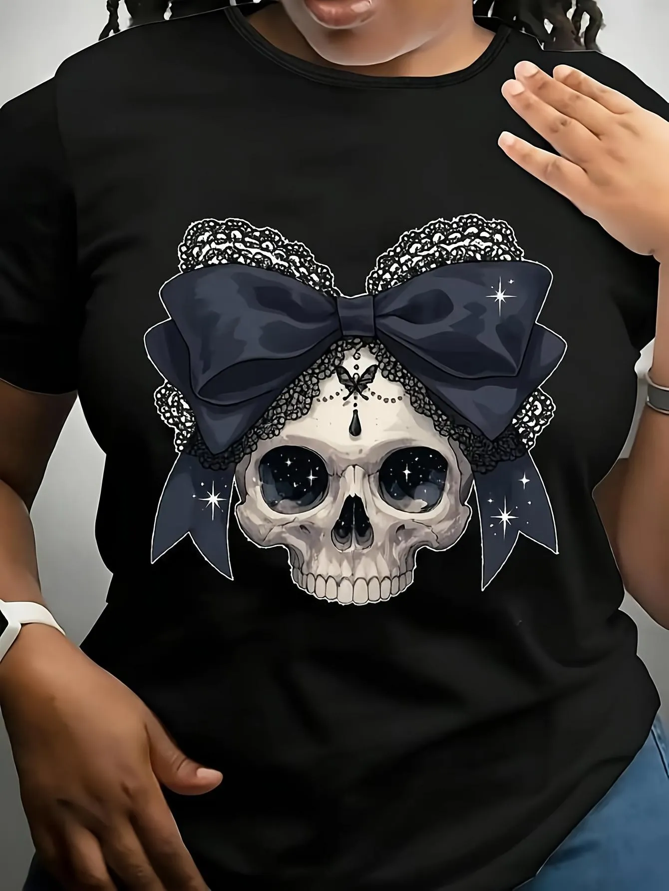 Tailorly Women's Printed Tee - Gothic Lace With Sparkling Jewels On Ribbon Skull sold by Tailorly