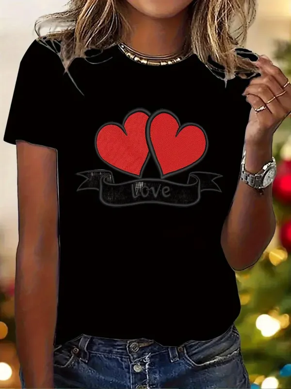 Tailorly Women's Printed Tee - Love Banner With Two Red Hearts Surrounded By Black Ribbon Motif made by Tailorly