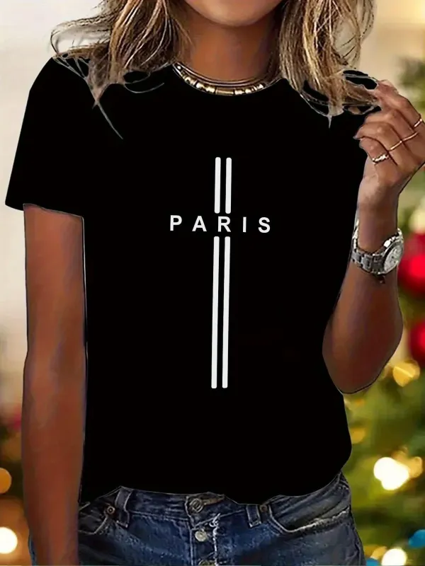 Tailorly Women's Printed Tee - Minimalist Urban Style With Vertical Stripes Black Paris T Shirt made by Tailorly