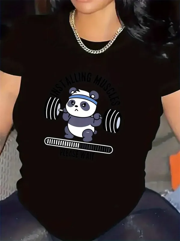 Tailorly Women's Printed Tee - Weightlifting Progress Bar With Headband Wearing Cute Panda made by Tailorly