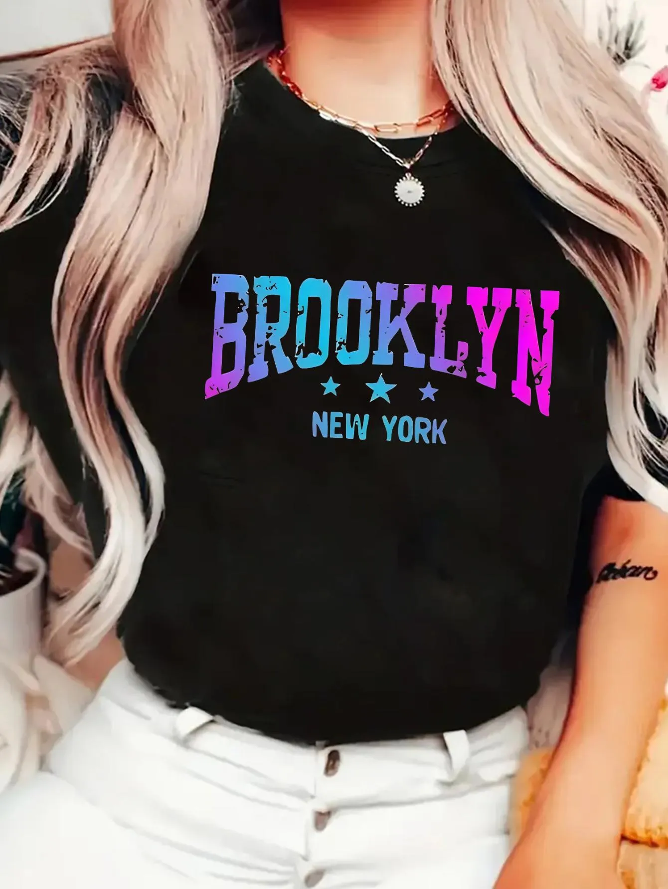 Tailorly Women's Printed Tee - Color Gradient Letters With Stars Under City Name Brooklyn sold by Tailorly