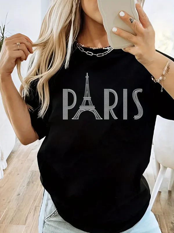 Tailorly Women's Printed Tee - Paris Text With Geometric Artistic Eiffel Tower Motif Design T Shirt made by Tailorly