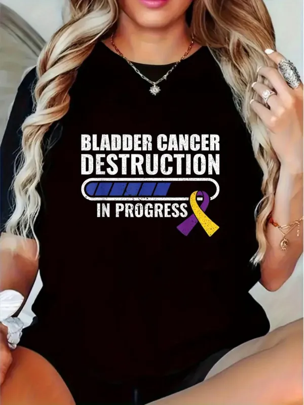 Tailorly Women's Printed Tee - Bladder Cancer Destruction Progress Bar With Awareness Ribbon And Motivational Text made by Tailorly