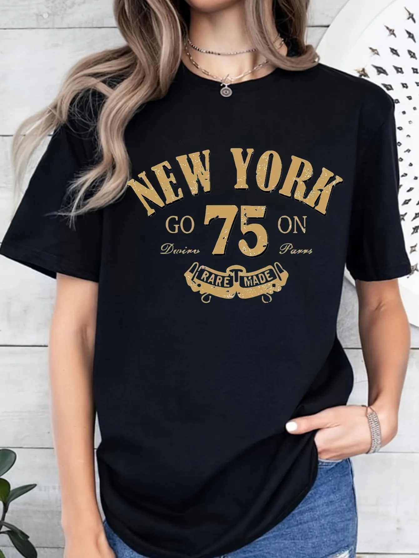 Tailorly Women's Printed Tee - Vintage Lettering With Gold Accents Over Retro Sports Inspired Number T Shirt sold by Tailorly