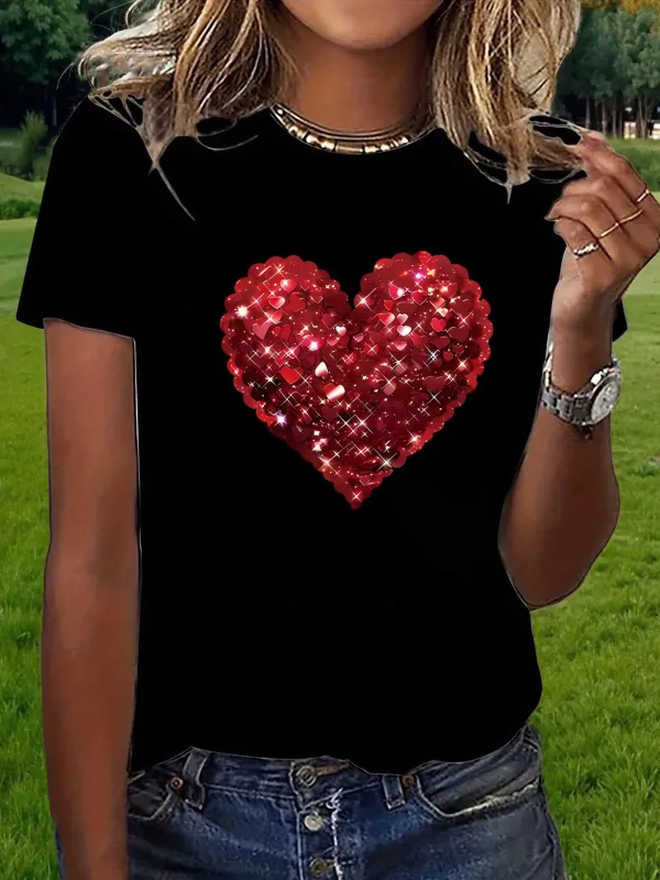 Tailorly Women's Printed Tee - Sparkling Red Glitter Heart Among Deep Black Fabric T Shirt made by Tailorly