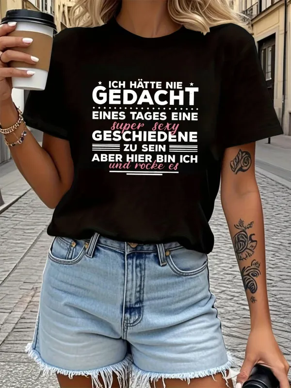 Tailorly Women's Printed Tee - Womens Funny Divorcee Slogan T-Shirt - Bold German Letter Print Black Tee - Crew Neck Casual Everyday Top - Medium Stretch Shirt for Women - Empowering Post-Divorce Outfit Relaxed Fit Tshirt S made by Tailorly