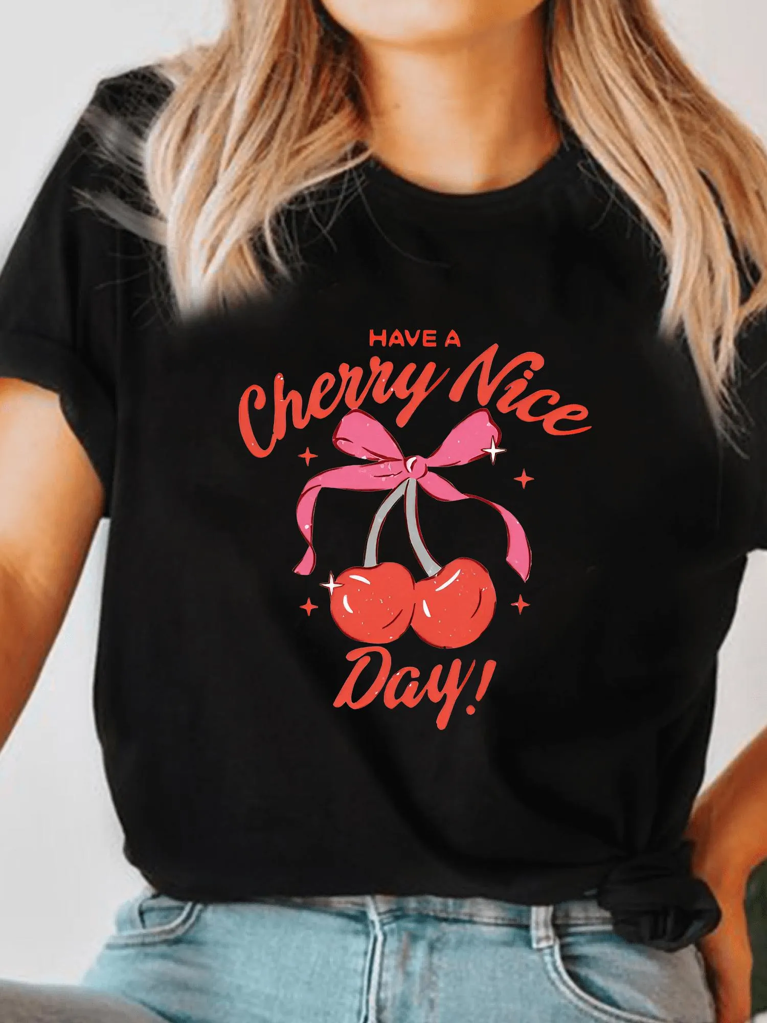 Tailorly Women's Printed Tee - Have A Cherry Nice Day Pink Ribbon With Illustrative Red Cherries Fruit sold by Tailorly