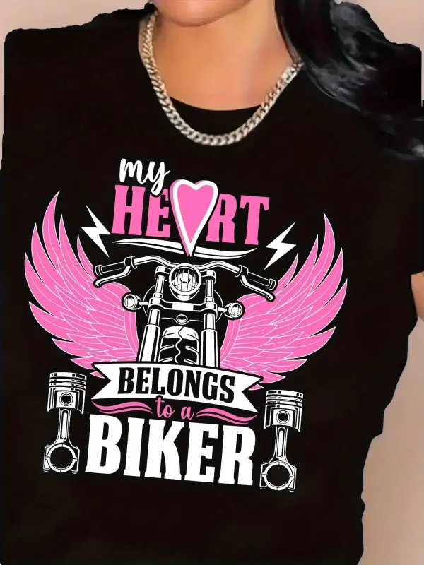 Tailorly Women's Printed Tee - My Heart Belongs To A Biker With Pink Wings Motorcycle Parts made by Tailorly