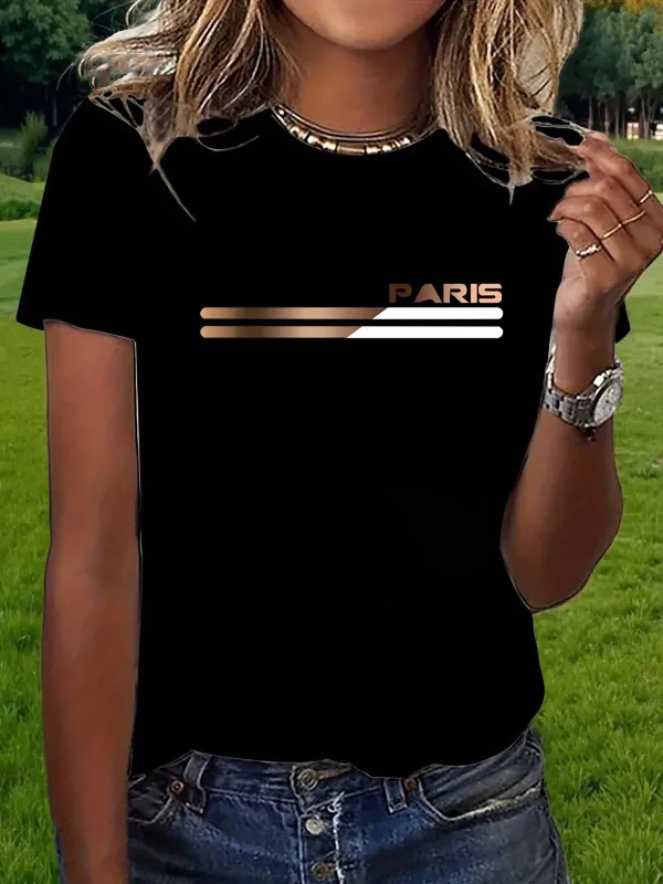 Tailorly Women's Printed Tee - Metallic Gradient Stripes With Bold Lettering Paris made by Tailorly