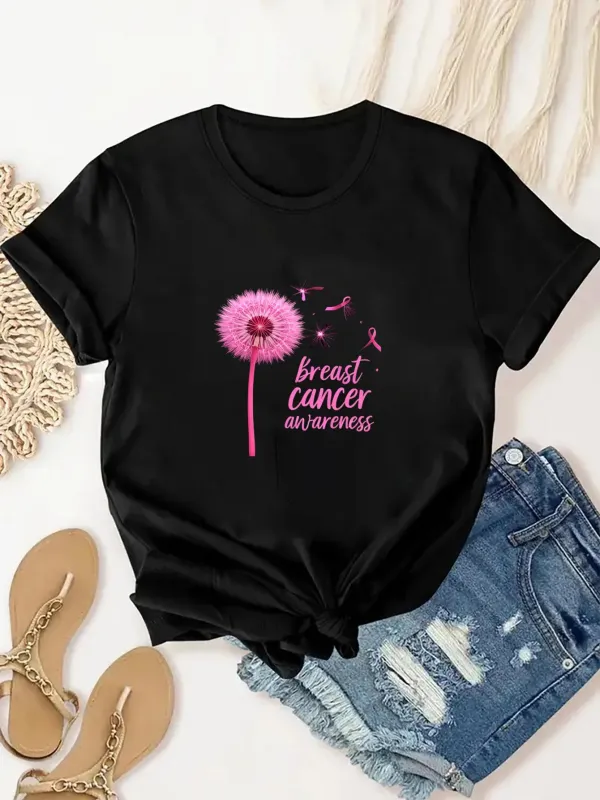 Tailorly Women's Printed Tee - Pink Dandelion With Butterflies And Inspiring Text On Black Shirt made by Tailorly