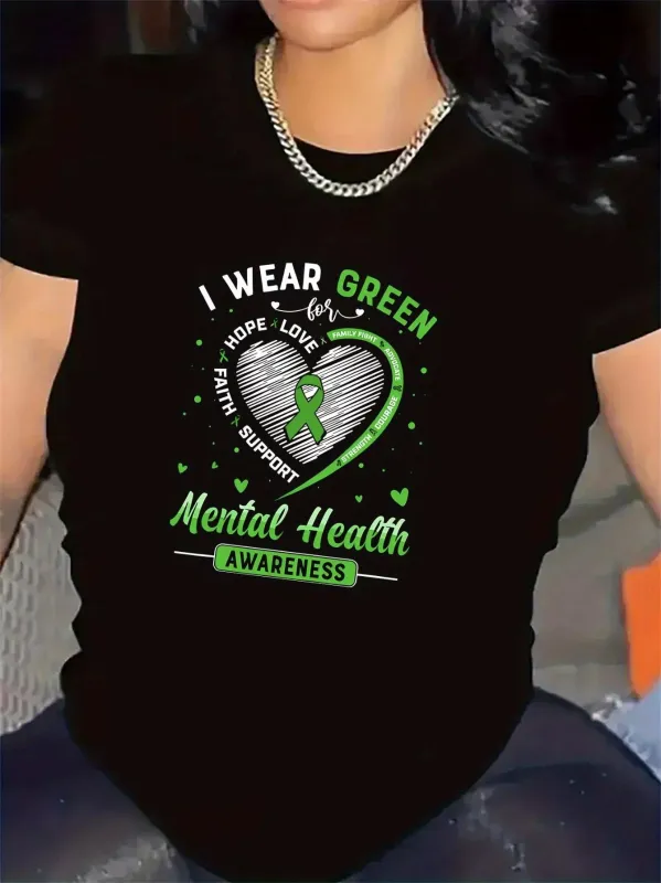 Tailorly Women's Printed Tee - I Wear Green Heart Shaped Ribbon With Dots And Hope Love Support Text made by Tailorly