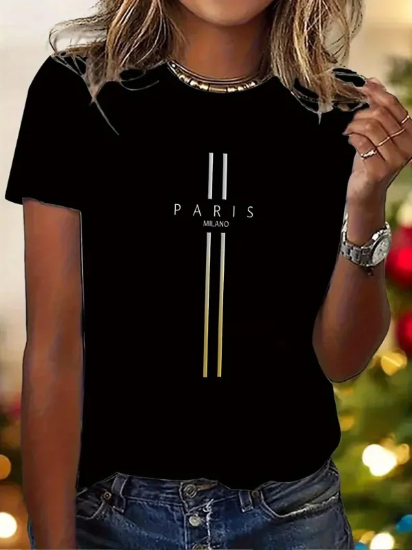 Tailorly Women's Printed Tee - Modern Minimalist Gold Vertical Stripes With Paris Text Design T Shirt made by Tailorly