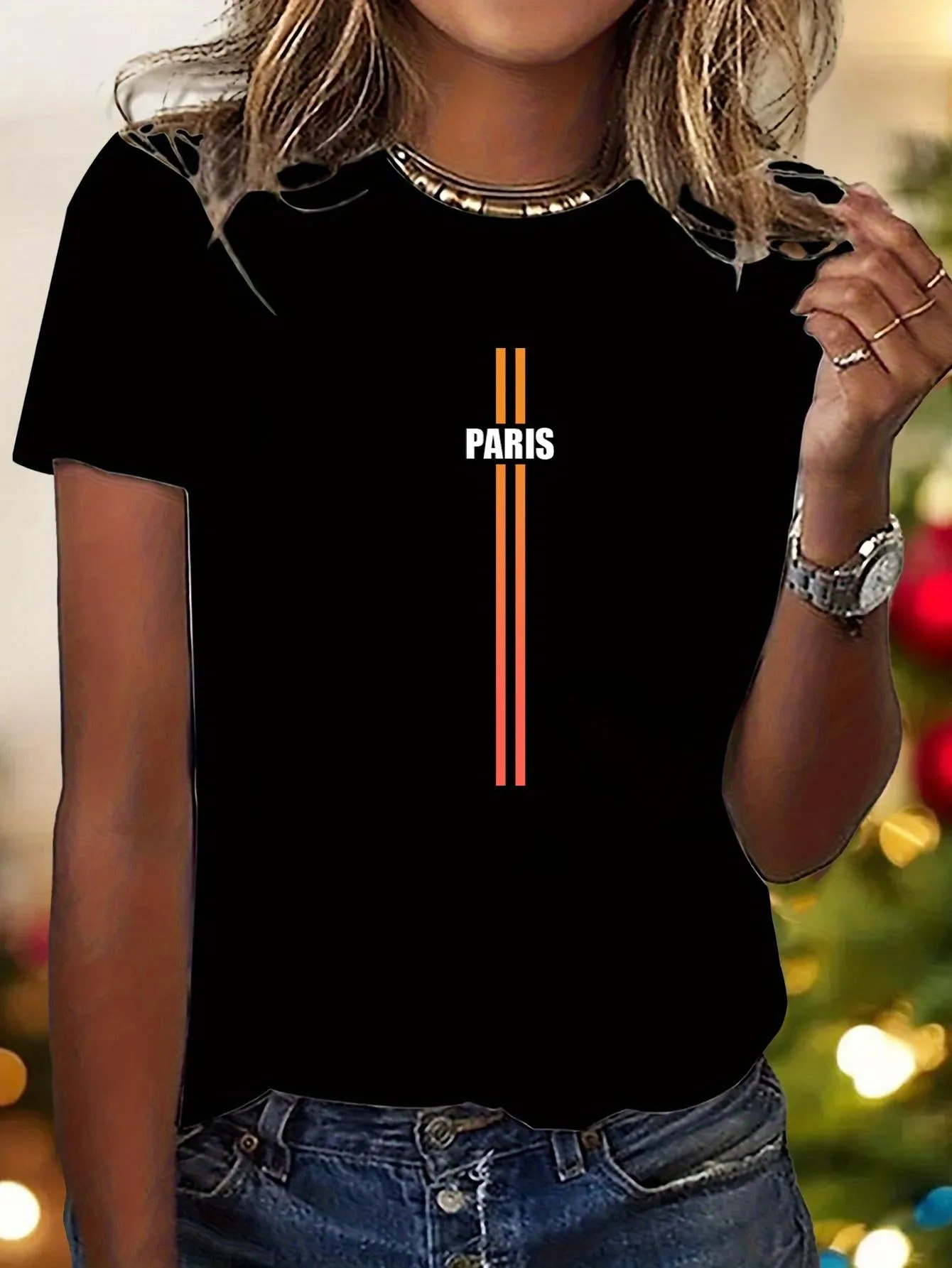 Tailorly Women's Printed Tee - Paris Double Stripe Accent With Simple Minimalist Layout Text sold by Tailorly