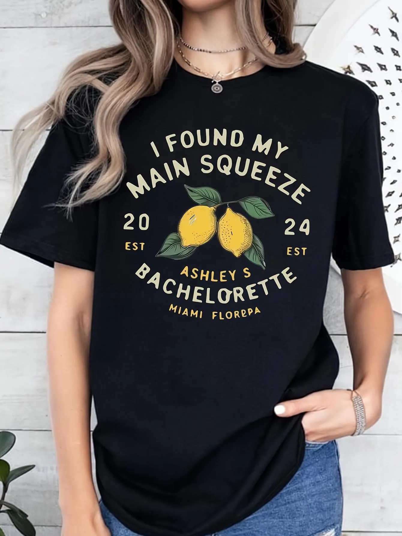 Tailorly Women's Printed Tee - I Found My Main Squeeze Lemons With Miami Florida Bachelorette sold by Tailorly