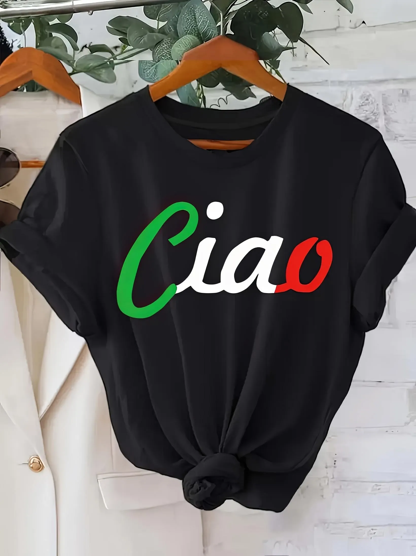 Tailorly Women's Printed Tee - Colorful Letters With Italian Tricolor Celebratory Script Ciao sold by Tailorly
