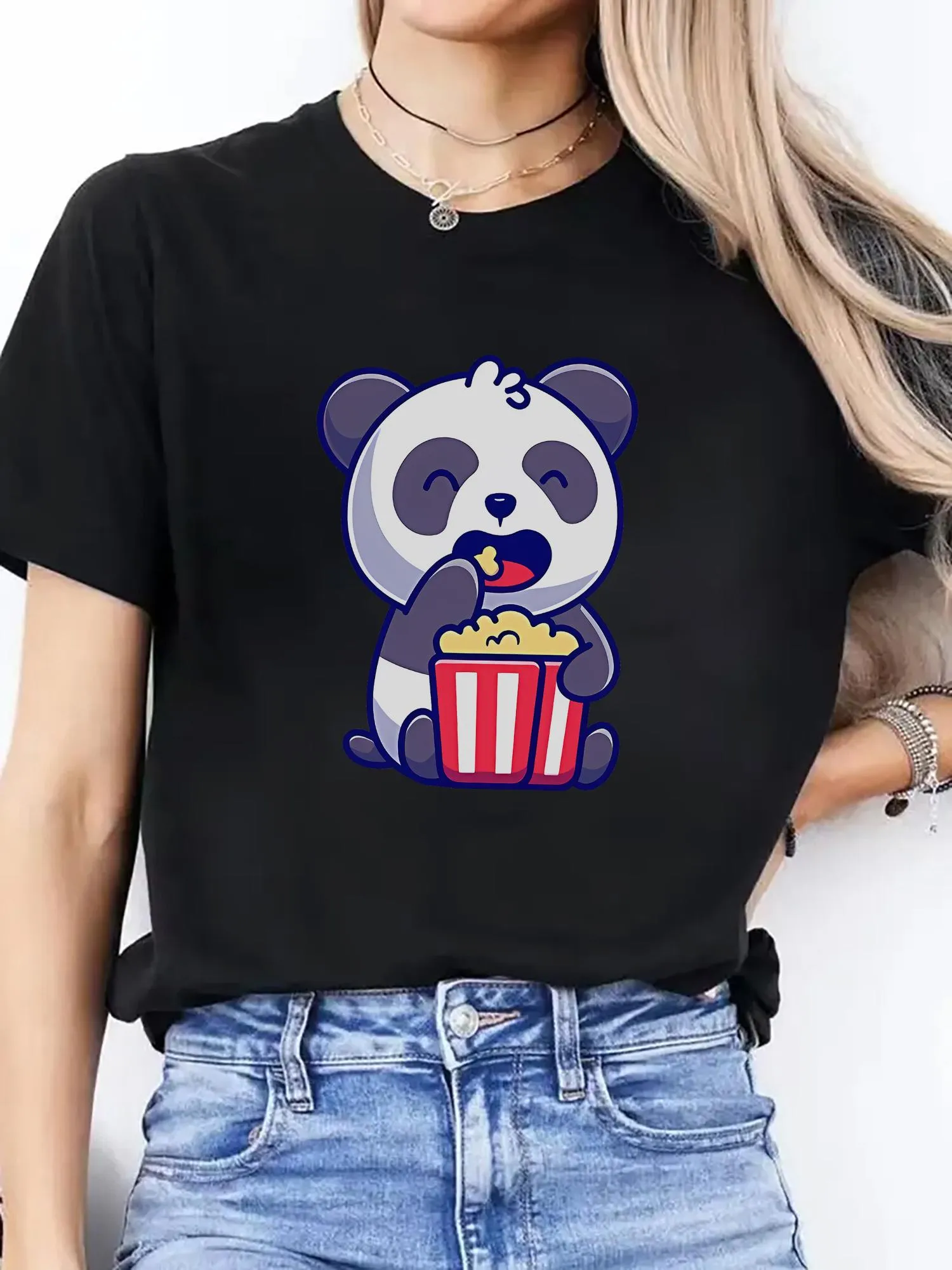 Tailorly Women's Printed Tee - Cartoon Style Cute Panda Eating Popcorn Under Soft Neon Lights Panda sold by Tailorly