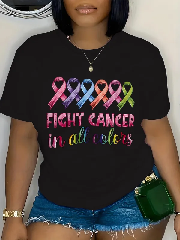 Tailorly Women's Printed Tee - Fight Cancer In All Colors Vibrant Awareness Ribbons Against Bold Letters T Shirt made by Tailorly