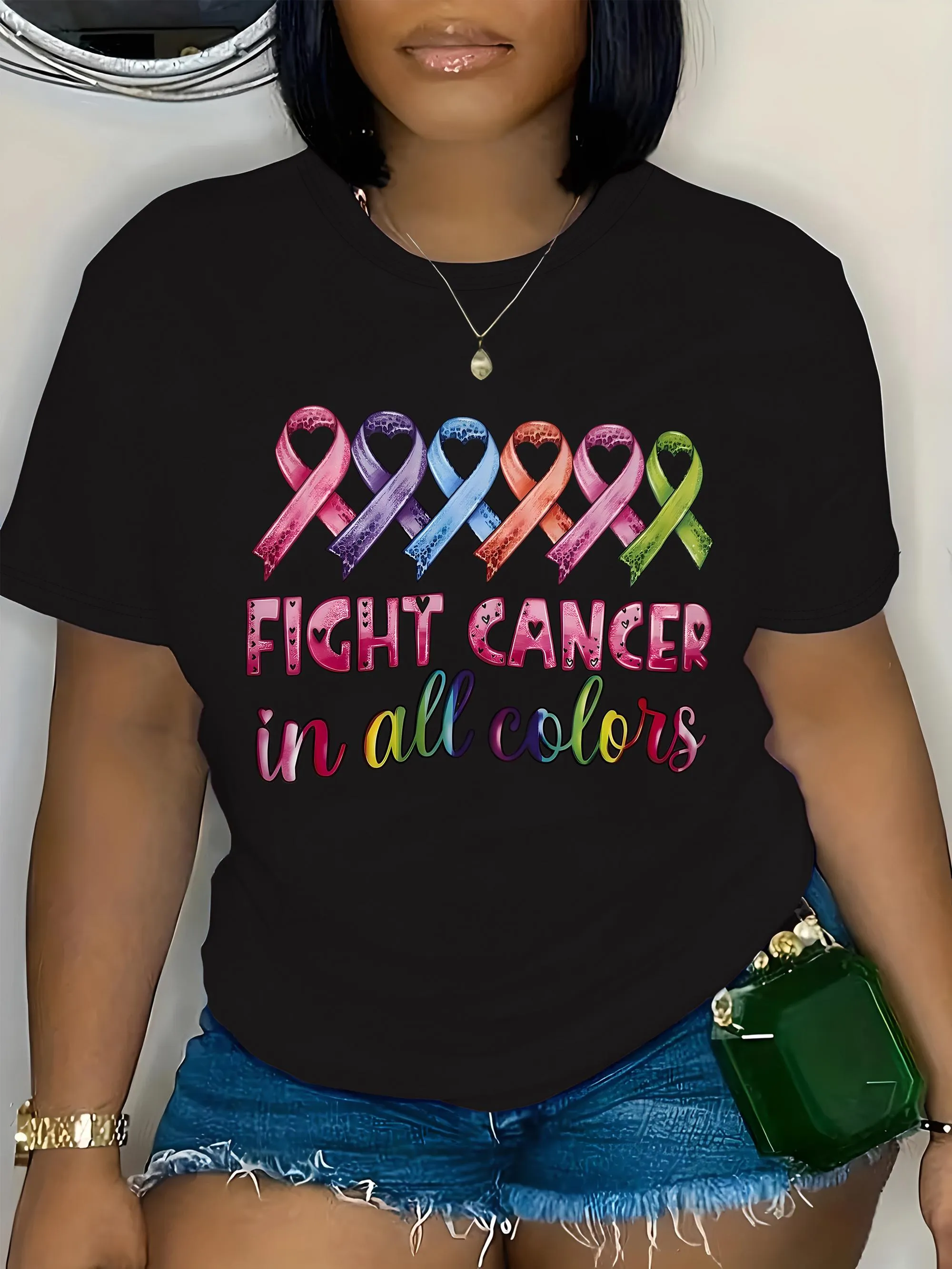 Tailorly Women's Printed Tee - Fight Cancer In All Colors Vibrant Awareness Ribbons Against Bold Letters T Shirt sold by Tailorly