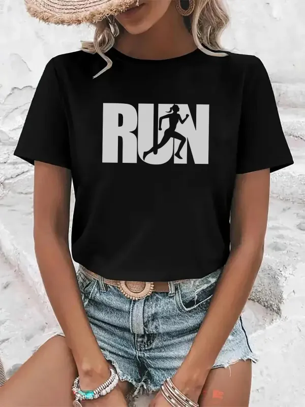 Tailorly Women's Printed Tee - Run Bold Letters With Silhouette Graphic Of Woman Running made by Tailorly