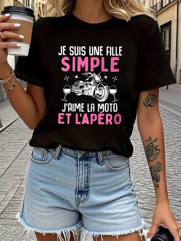 Tailorly Women's Printed Tee - Motorcycle Among Stars With Glasses Of Wine And Sparkling Details Motorcycle made by Tailorly
