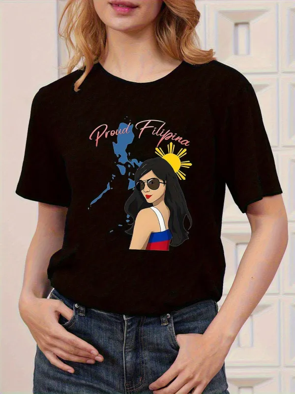 Tailorly Women's Printed Tee - Proud Filipina Woman With Sunglasses In Front Of Blue Map And Yellow Sunray made by Tailorly