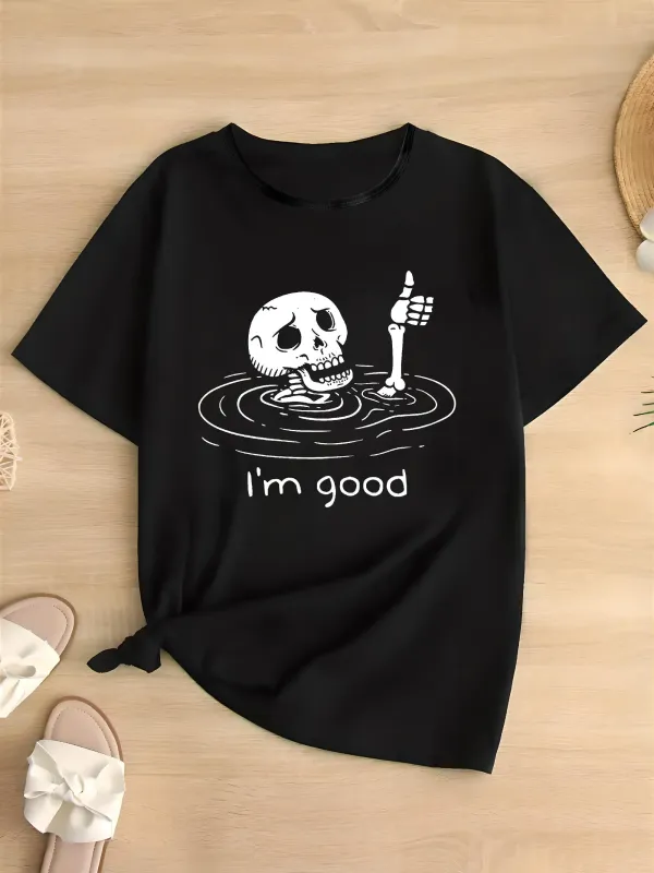 Tailorly Women's Printed Tee - Im Good Cartoon Skeleton Floating In Dark Rippling Water made by Tailorly