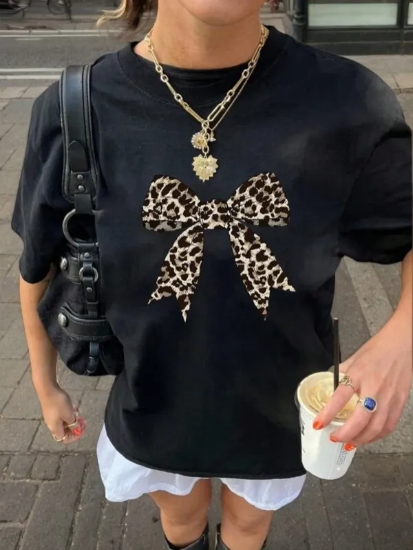 Tailorly Women's Printed Tee - Leopard Patterned Ribbon Bow On Classic Black T Shirt made by Tailorly