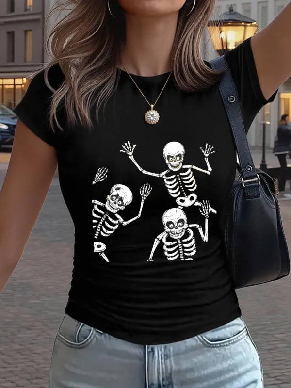 Tailorly Women's Printed Tee - Playful Dancing White Skeletons With Waving Arms Under Street Lights Skeleton made by Tailorly