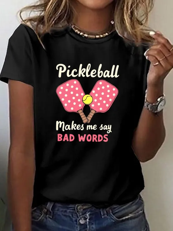 Tailorly Women's Printed Tee - Pickleball Makes Me Say Bad Words With Polka Dot Paddles And Yellow Ball made by Tailorly