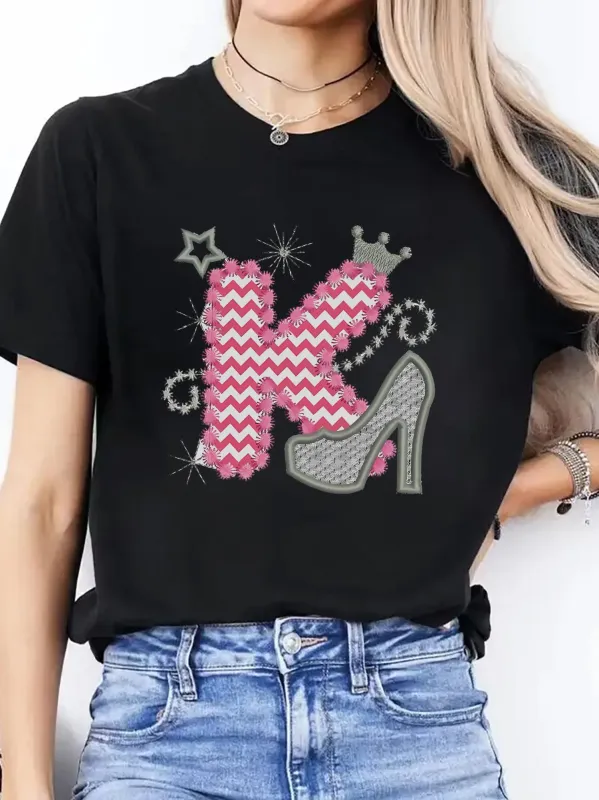 Tailorly Women's Printed Tee - Zigzag Print Letter K With Shiny Star Crown And Glittering High Heel Shoe made by Tailorly